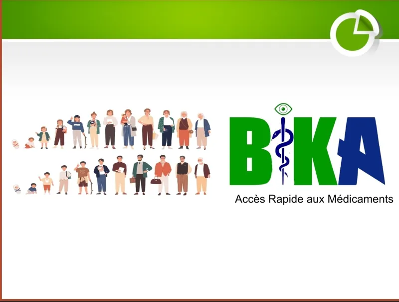 Identité visuelle BIKA : logo vert et bleu intégrant le caducée, slogan Accès rapide aux médicaments