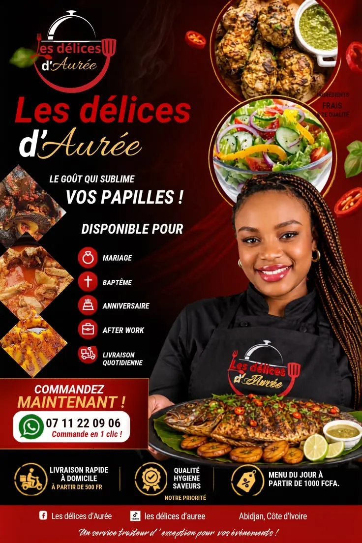 Affiche publicitaire Les Délices d'Aurée : cheffe présentant un poisson braisé, menu traiteur pour mariages, baptêmes et anniversaires