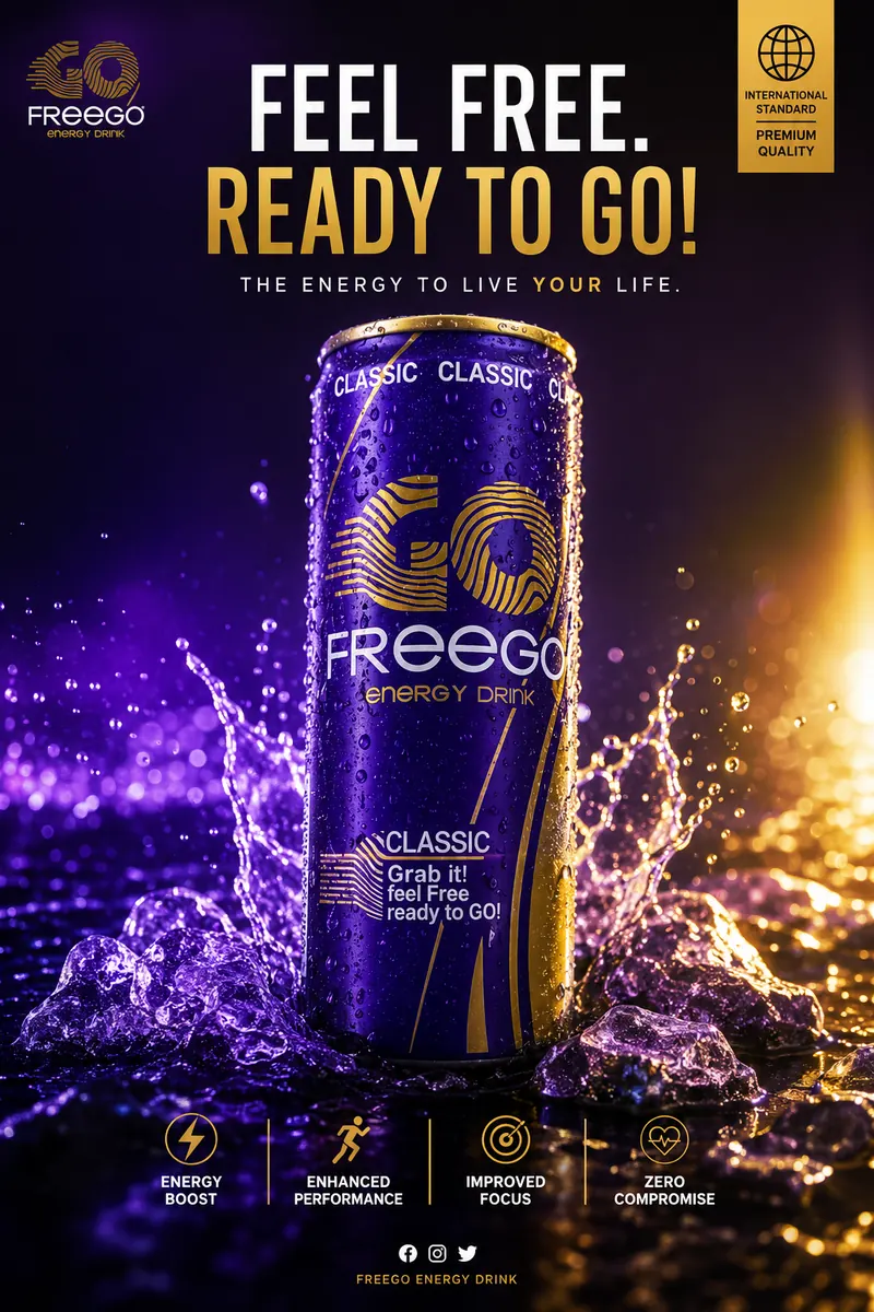 Visuel publicitaire FreeGo Energy Drink : canette violette et or dans une éclaboussure, slogan Feel Free, Ready to Go