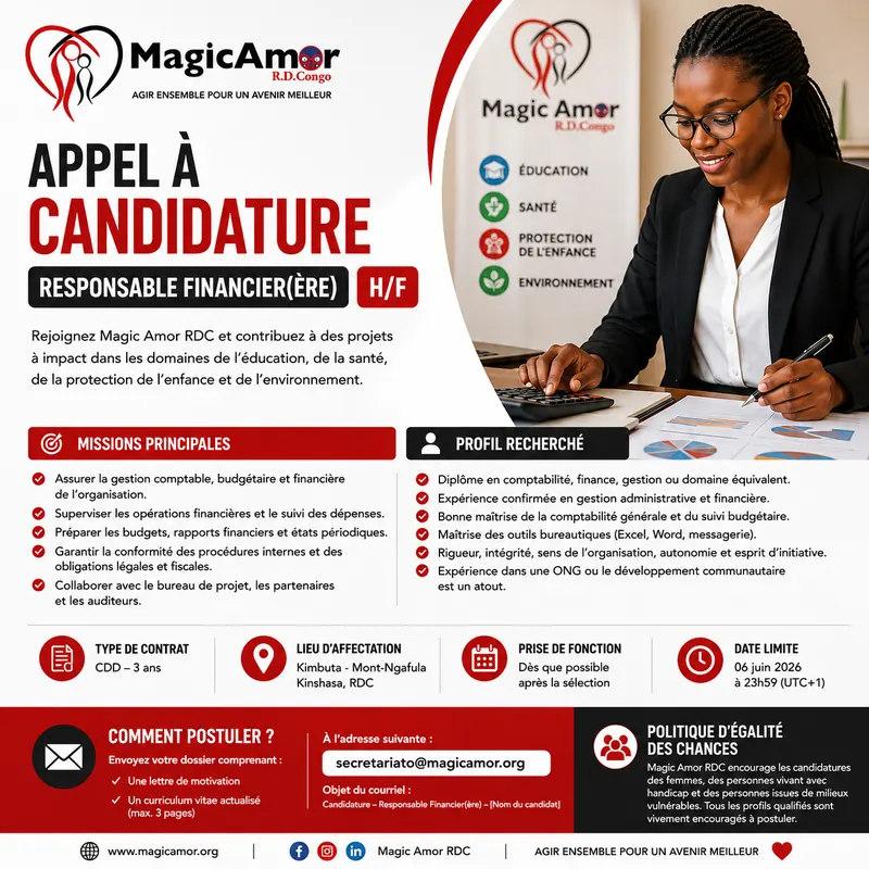 Appel à candidatures Magic Amor RDC pour un poste de responsable financier, avec missions, profil et modalités