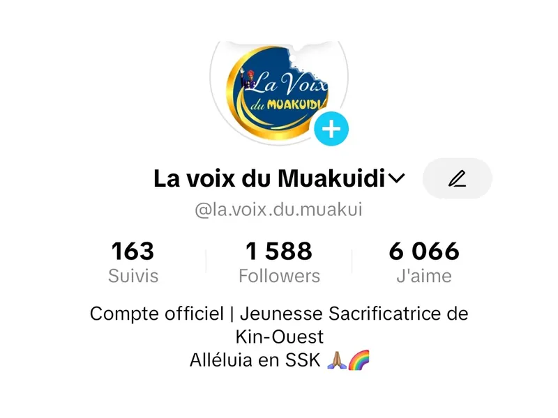 Profil TikTok La voix du Muakuidi : 1 588 abonnés et 6 066 J'aime, compte officiel de la Jeunesse Sacrificatrice de Kin-Ouest