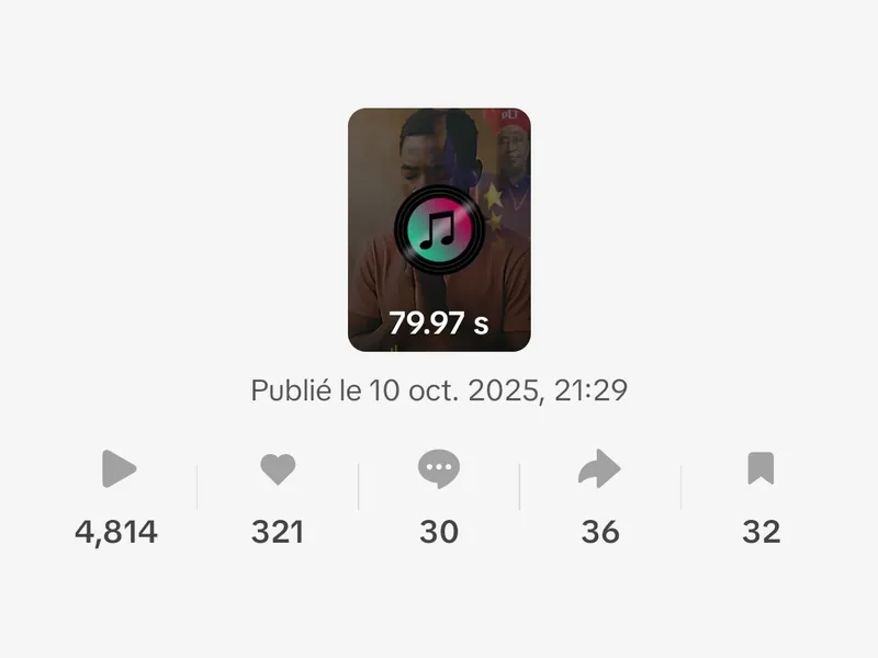 Statistiques TikTok de la vidéo du 10 octobre 2025 : 4 814 vues, 321 J'aime, 30 commentaires, 36 partages