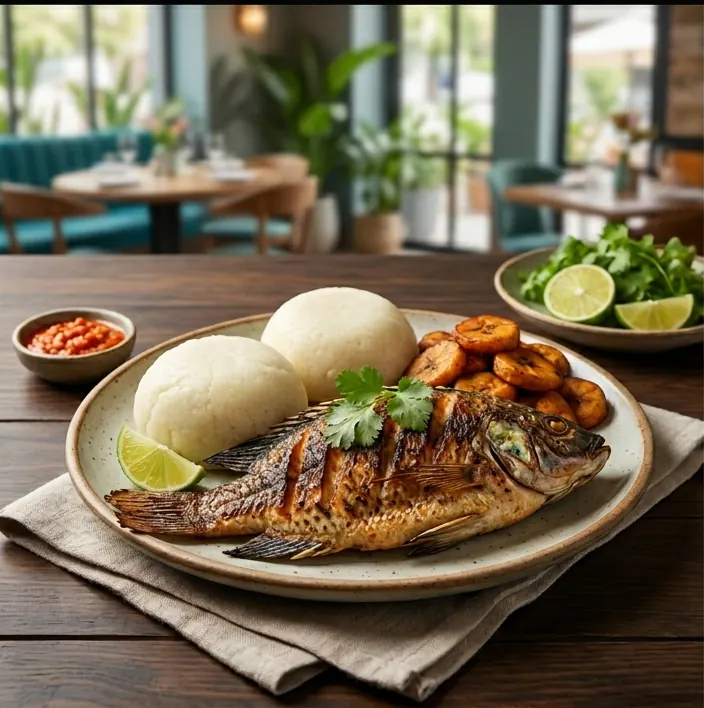 Photographie culinaire : poisson braisé, chikwangue et bananes plantain frites dans un restaurant