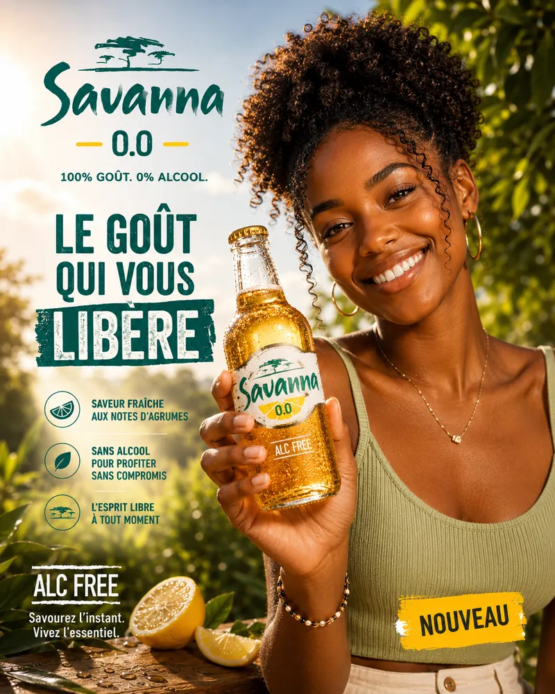 Visuel publicitaire Savanna 0.0 : jeune femme souriante tenant une bouteille, slogan Le goût qui vous libère