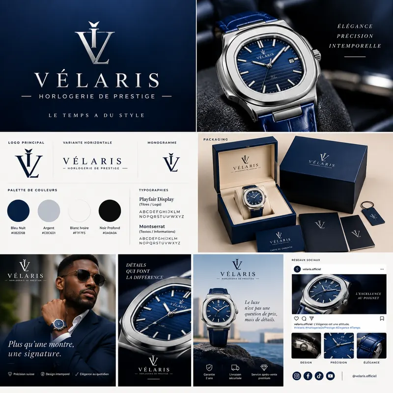 Identité visuelle Vélaris : logo monogramme, palette bleu nuit et argent, montre, packaging et visuels réseaux sociaux
